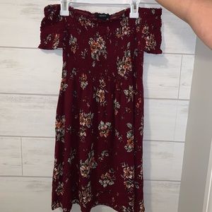 Burgundy Floral Off Shoulder Ribbed Summer Dress